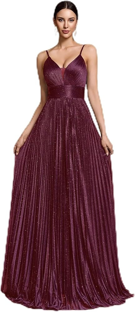 Sexy Backless Maxi Formal Dress for Women with Sequin, Sleeveless Pleated Evening Gowns for Weddi... | Amazon (US)