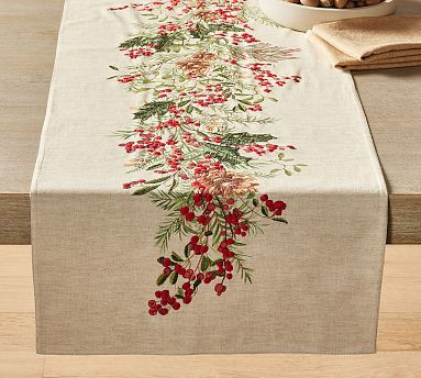 Holly Berry Embroidered Cotton/Linen Table Runner | Pottery Barn (US)
