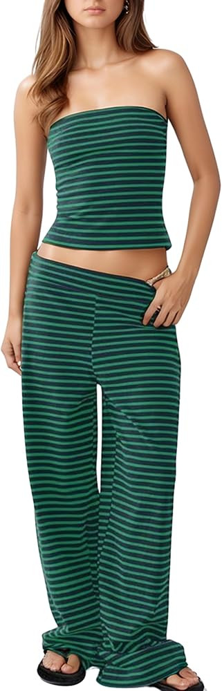 Women's Striped Two Piece Sets Cropped Tube Top and Wide Leg Pants Lounge Matching set with Pocke... | Amazon (US)