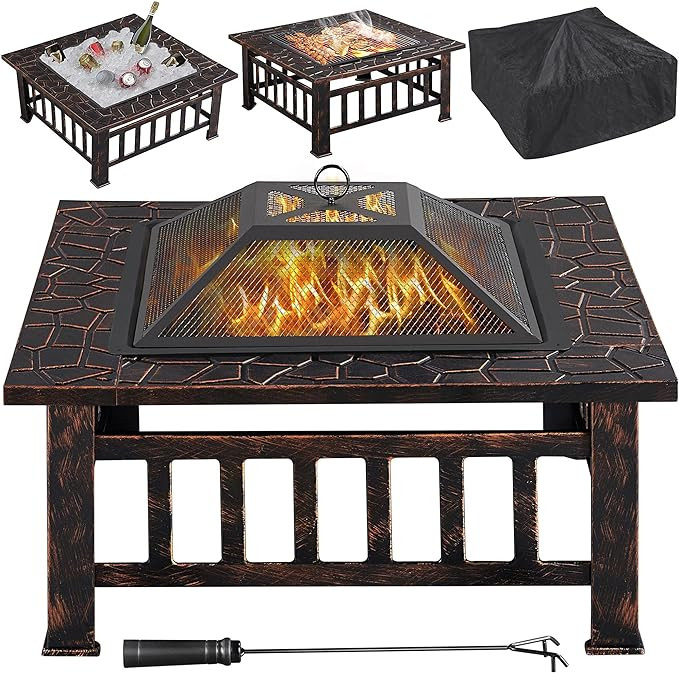 Yaheetech 32in Outdoor Firepit Square Table Backyard Patio Garden Stove Wood Burning Fire Pit wit... | Amazon (US)