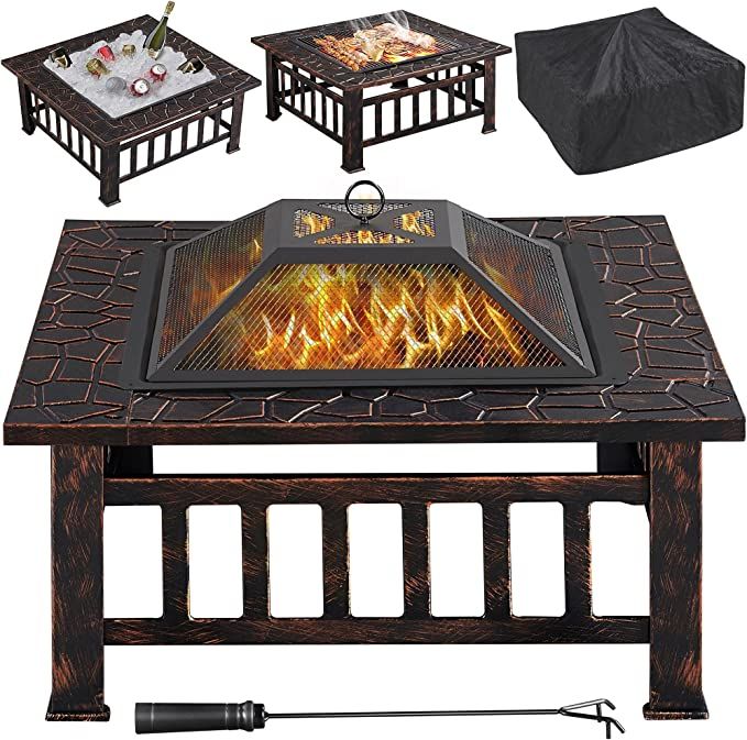 Yaheetech 32in Outdoor Firepit Square Table Backyard Patio Garden Stove Wood Burning Fire Pit wit... | Amazon (US)