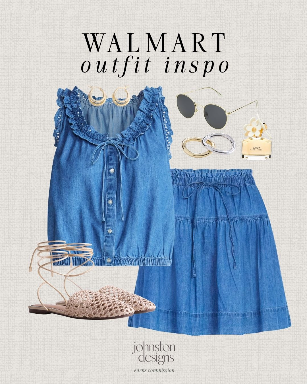 Walmart outfit inspo with a denim set, woven sandals and simple accessories for summer. 💙

outfit inspo, summer outfit, Walmart fashion, affordable finds, denim set, chambray top, denim skirt, woven sandals, gold hoops, sunglasses, casual style, vacation look, look for less 

 #LTKootd