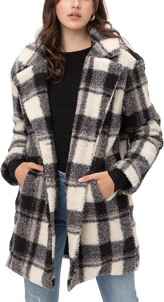 Women’s Faux Fur Plaid Coats – Plaid Button Down Sherpa Fleece Long Jacket | Amazon (US)
