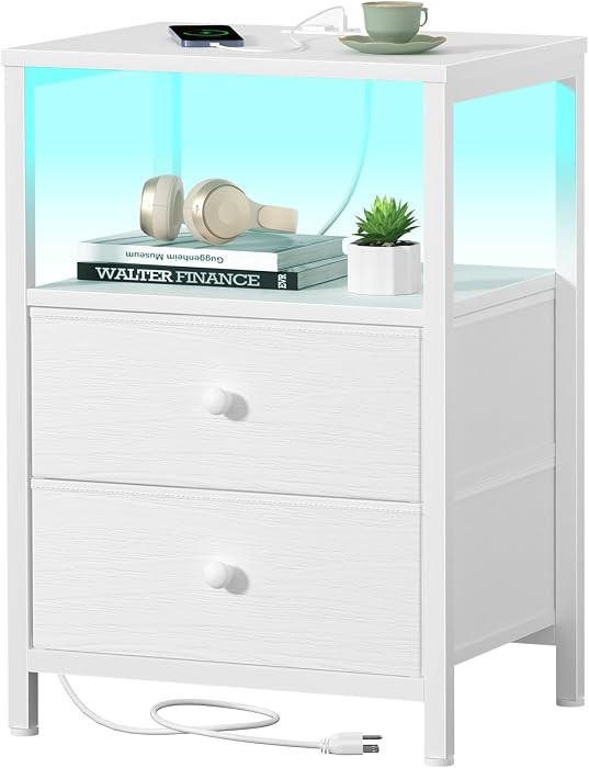 BOLUO White Nightstand with Charging Station, LED Night Stand with 2 Fabric Drawers, Bedside Tabl... | Amazon (US)