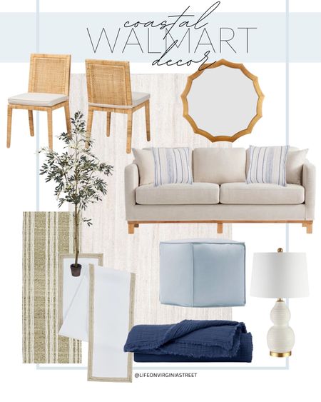 Coastal Walmart decor finds! This includes this oat colored sofa with wood base, scalloped mirror, blue and white throw pillows, cream colored rug, rattan dining chairs, faux olive tree, table runners, white table lamp light blue pouf, and blue gauze footstool.

coastal home decor, coastal style, walmart decor, gap home, my texas house, coastal decor, walmart couch, walmart dining room chairs, beach house decor, beach house decor inspiration, coastal home decor inspiration, affordable home decor, living room inspiration, dining room decor 

#LTKunder50 #LTKunder100

#LTKsalealert #LTKstyletip #LTKhome