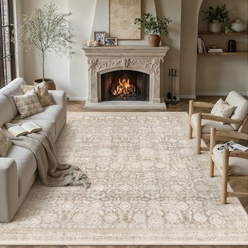 8x10 Beige Washable Neutral Area Rug Living Room Floral Non Slip Low Pile Large Rug Vintage Tradi... | Amazon (US)