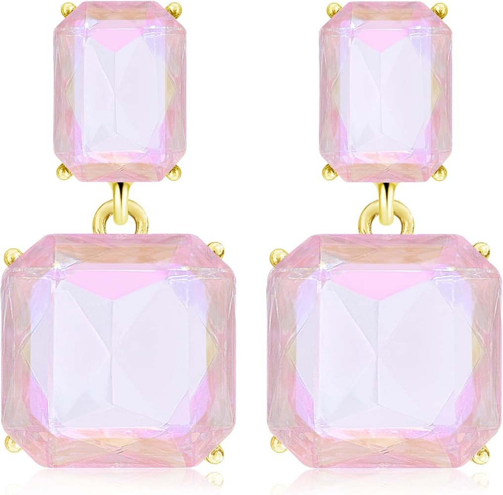 Dainty Transparent Geometric Square Crystal Dangle Drop Earrings Sparkly Rhinestone Rectangle Stu... | Amazon (US)
