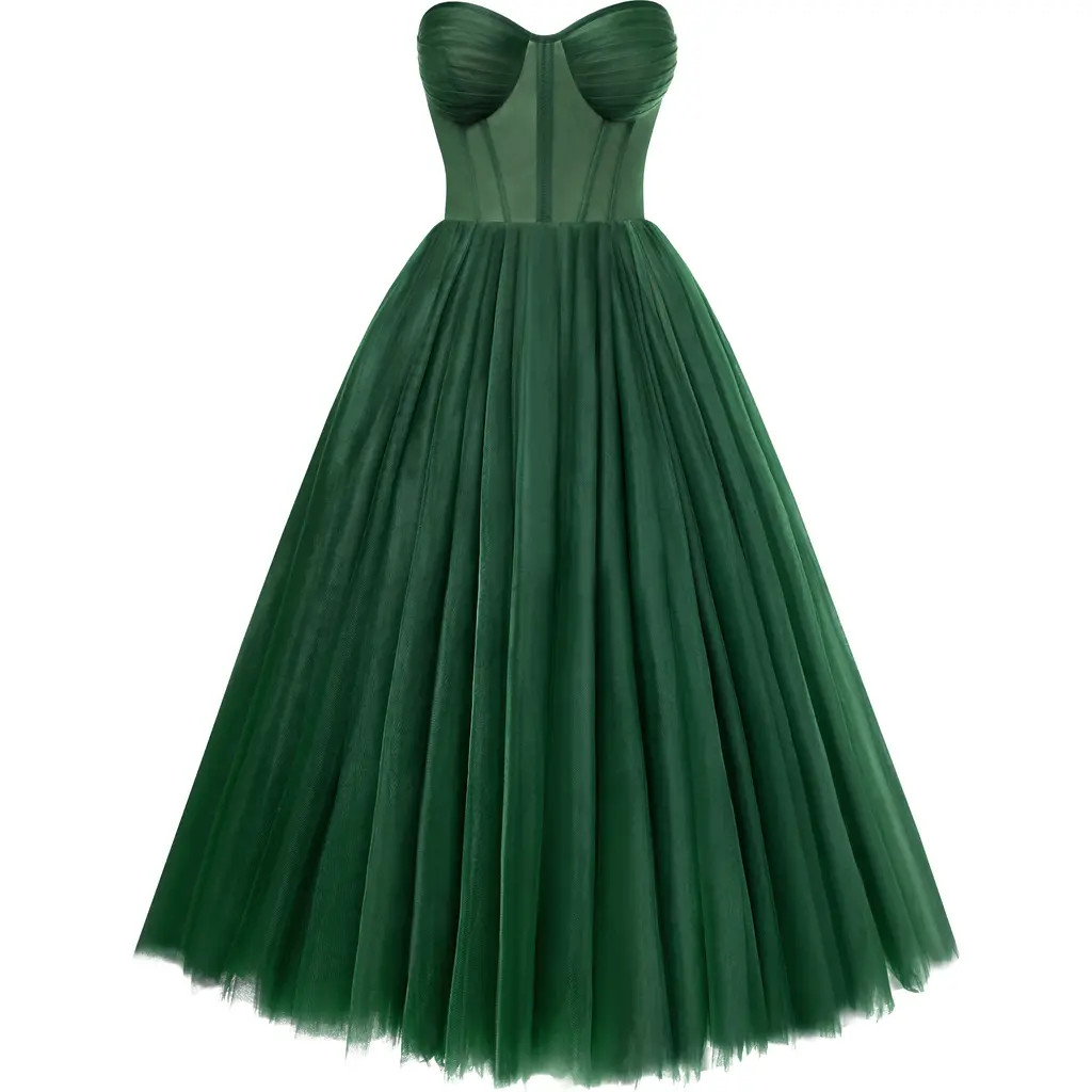 Milla Emerald Green Strapless Puffy Midi Tulle Dress at Nordstrom, Size Medium | Nordstrom