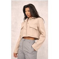 Sand Wool Look Button Up Structured Crop Jacket | PrettyLittleThing US