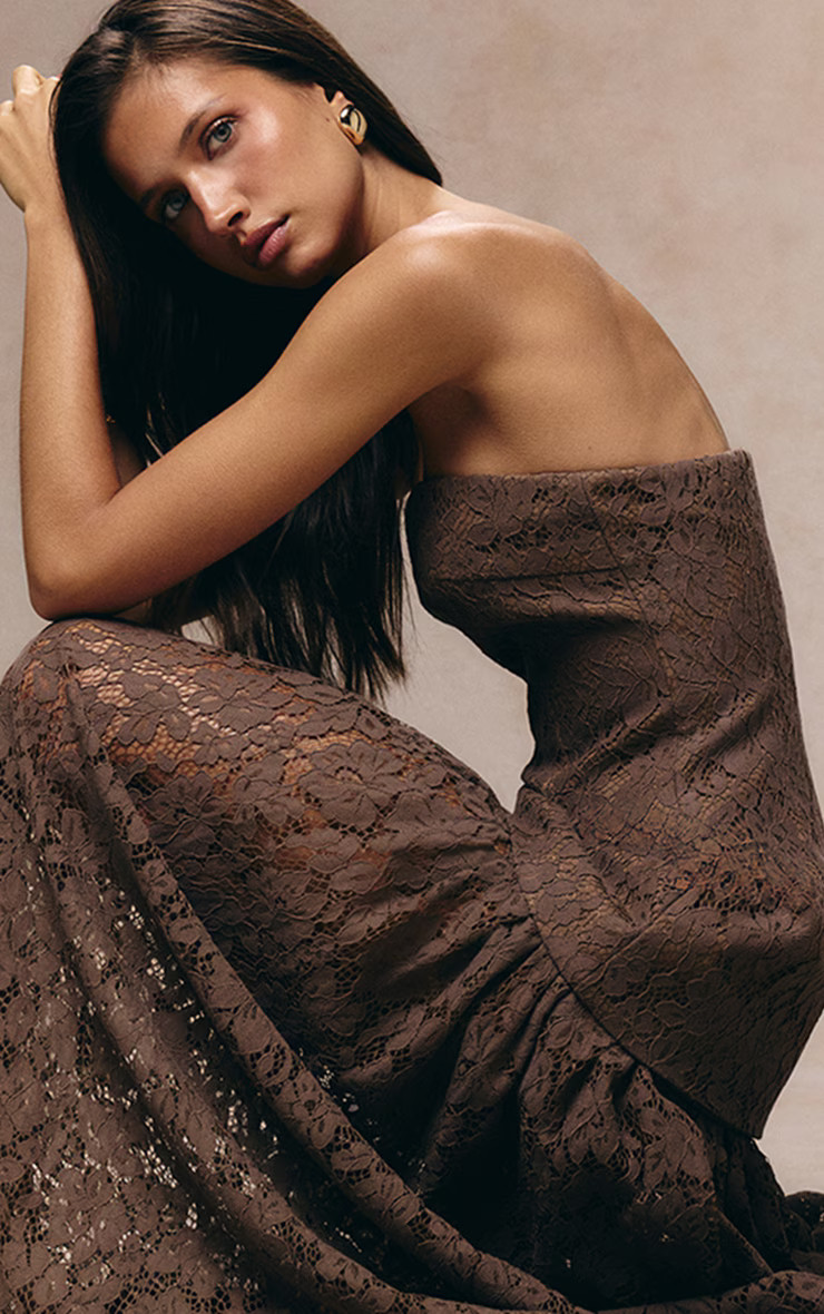 Taupe Lace Sheer Skirt Panel Bandeau Midaxi Dress | Dresses | PrettyLittleThing US