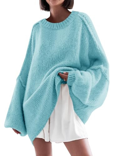Saodimallsu Womens Oversized Sweater Chunky Crew Neck Long Lantern Sleeve Knit Fall Trendy Tunic Sweaters Top Blue | Amazon (US)