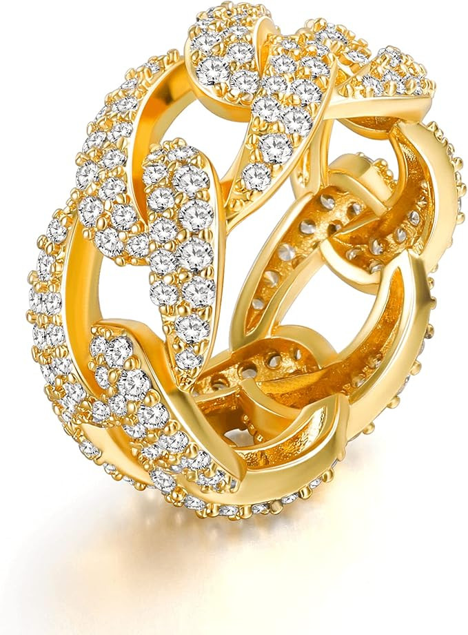 Iced Out Cuban Link Chain Ring , 14K Gold Plated Ring Bling CZ Lab Diamond Hip Hop Bands for Men ... | Amazon (US)