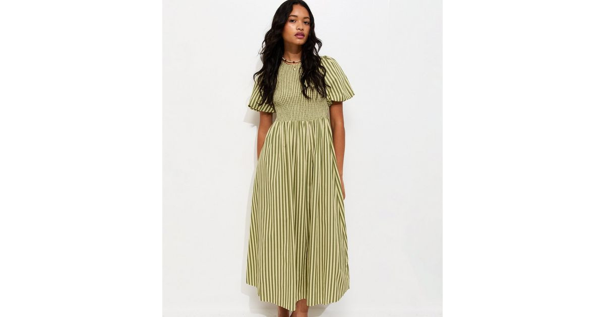 Green Cotton Striped Shirred Midi Dress | New Look | New Look (UK)