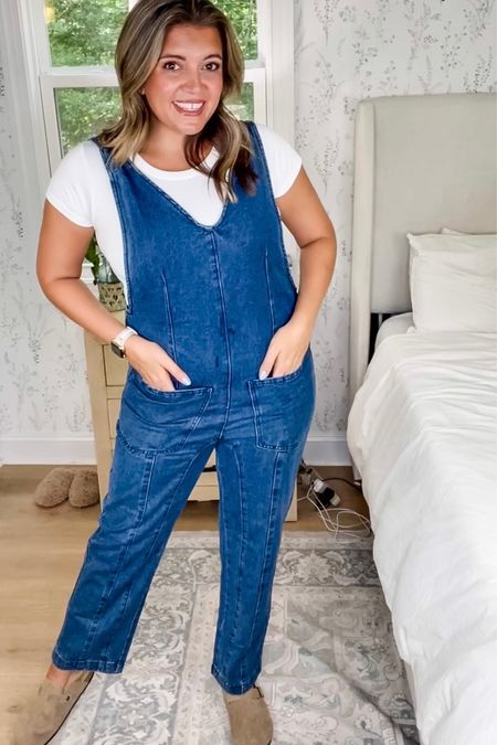 Free people look for less jumpsuit. Dark denim jumpsuit, overalls fit tts. In a large. 

#LTKmidsize #LTKunder50 #LTKunder100