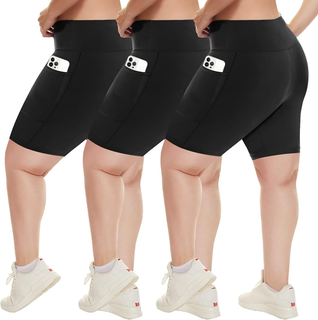 HLTPRO 3 Pack Plus Size Biker Shorts with Pockets for Women - High Waisted Spandex Athletic Bike ... | Amazon (US)
