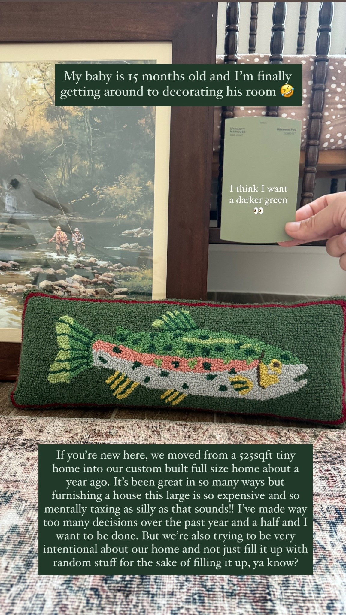 If you’re new here, we moved from a 525sqft tiny home into our custom built full size home about a year ago. It’s been great in so many ways but furnishing a house this large is so expensive and so mentally taxing as silly as that sounds!! I’ve made way too many decisions over the past year and a half and I want to be done. But we’re also trying to be very intentional about our home and not just fill it up with random stuff for the sake of filling it up, ya know?  My baby is 15 months old and I’m finally getting around to decorating his room 🤣  I think I want a darker green👀

#LTKHome #LTKKids #LTKSaleAlert