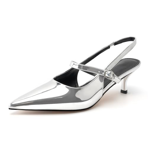 DREAMCIA Women's Silver Slingback Kitten Heel Pump, Size 9.5 | Amazon (US)