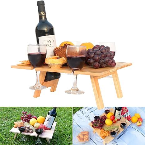 Outdoor Wine Picnic Table,Folding Portable Bamboo Tray with 4 Wine Glass Holder for Cheese and Fr... | Amazon (US)