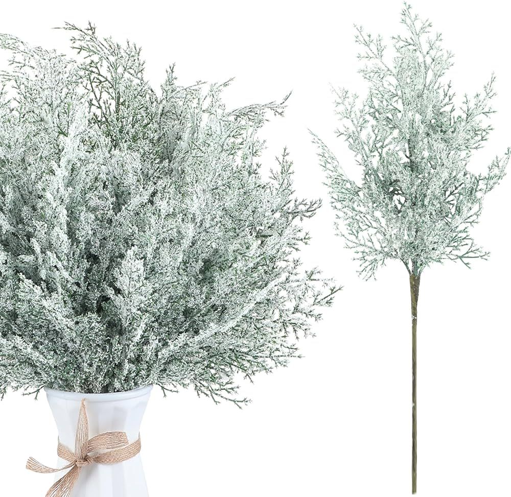 Amazon.com: Yinder 12 Pcs Snowy Artificial Pine Branches 17 Inch Frosted Faux Cedar Sprays Christ... | Amazon (US)