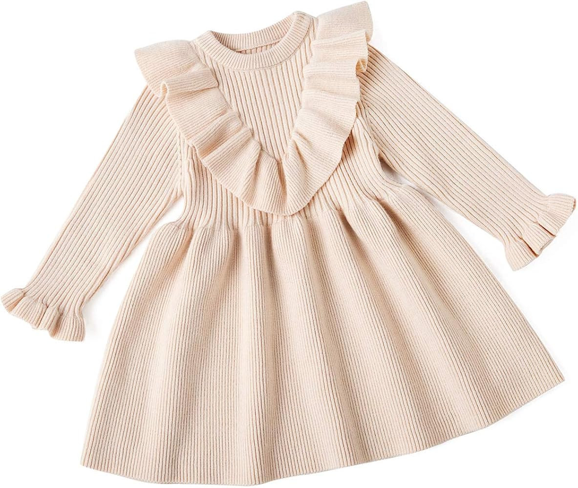 Curipeer Little Girls’ Long Sleeve Cozy Casual Ribbed Knit Sweater Dress | Amazon (US)