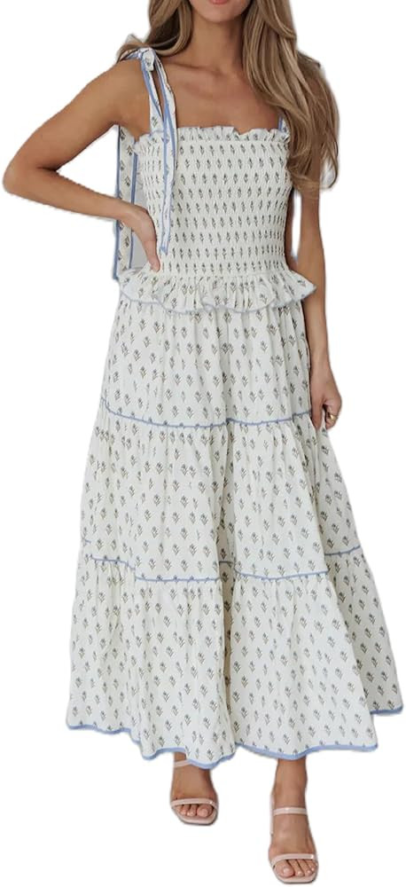 Women Floral Tie Shoulder Maxi Dress Boho Flowy Tiered Sundress Square Neck Sleeveless Long Dress... | Amazon (US)