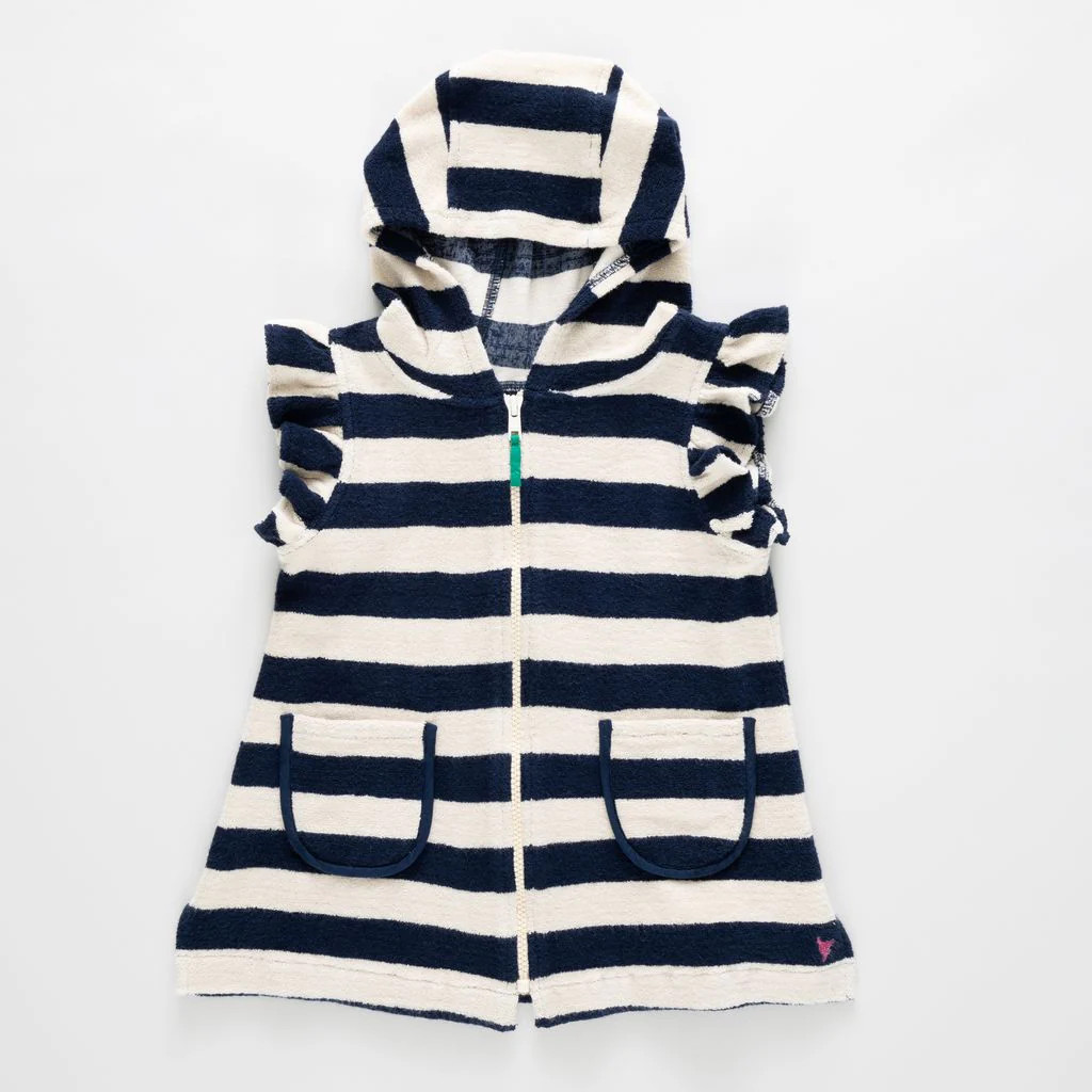 Pink Chicken girl's terry coverup - wide blue stripe | Persnickety