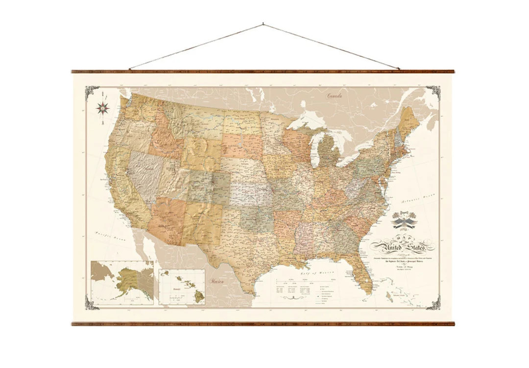 United States Map Modern Up to Date Pull Down Current USA Scroll Decorative Vintage Style Map on ... | Etsy (US)