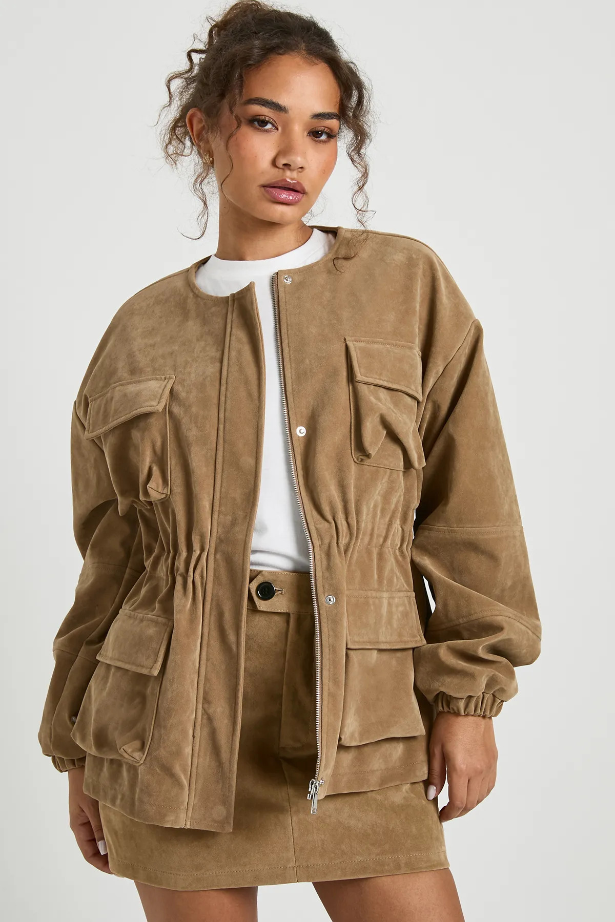 Suede Look Collarless Cinched Waist Jacket | Boohoo.com (UK & IE)