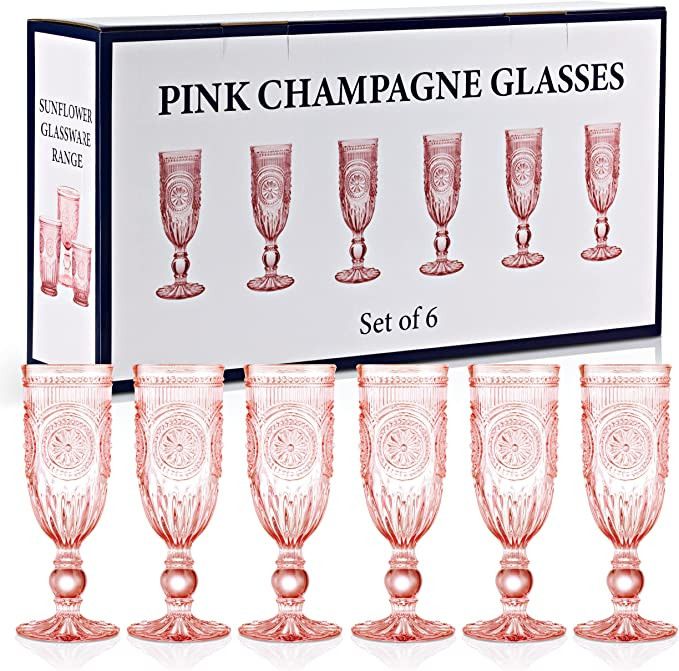 Pink Champagne Glasses set of 6 pink champagne flutes 100% dishwasher safe true pink glassware wi... | Amazon (US)