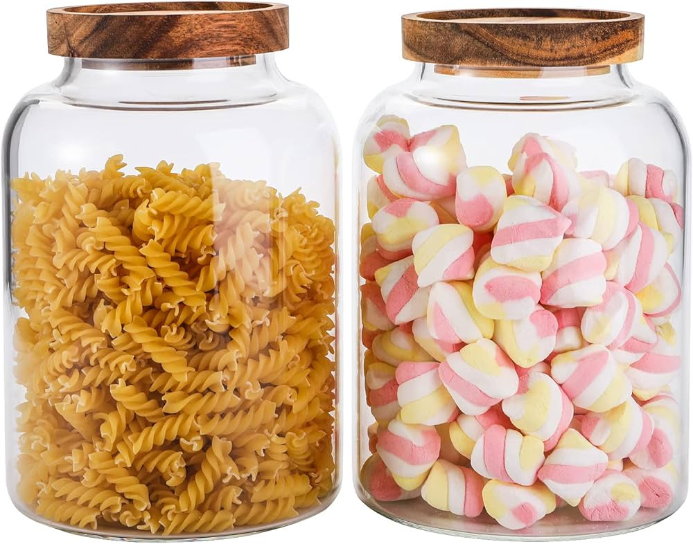 Bekith 2 Pack Large Glass Food Storage Container with Airtight Wooden Lid, 66 FL OZ(1950ml) Glass... | Amazon (US)