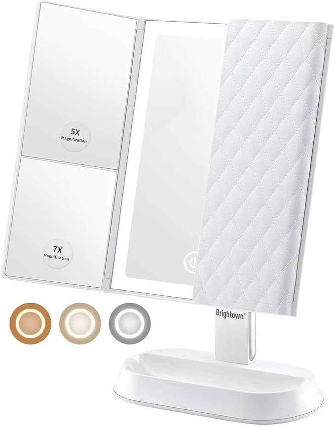 Rechargeable Trifold Vanity Mirror, 3 Color Lighting Modes Makeup Mirror with 60 Led Lights, 1x 5... | Amazon (US)