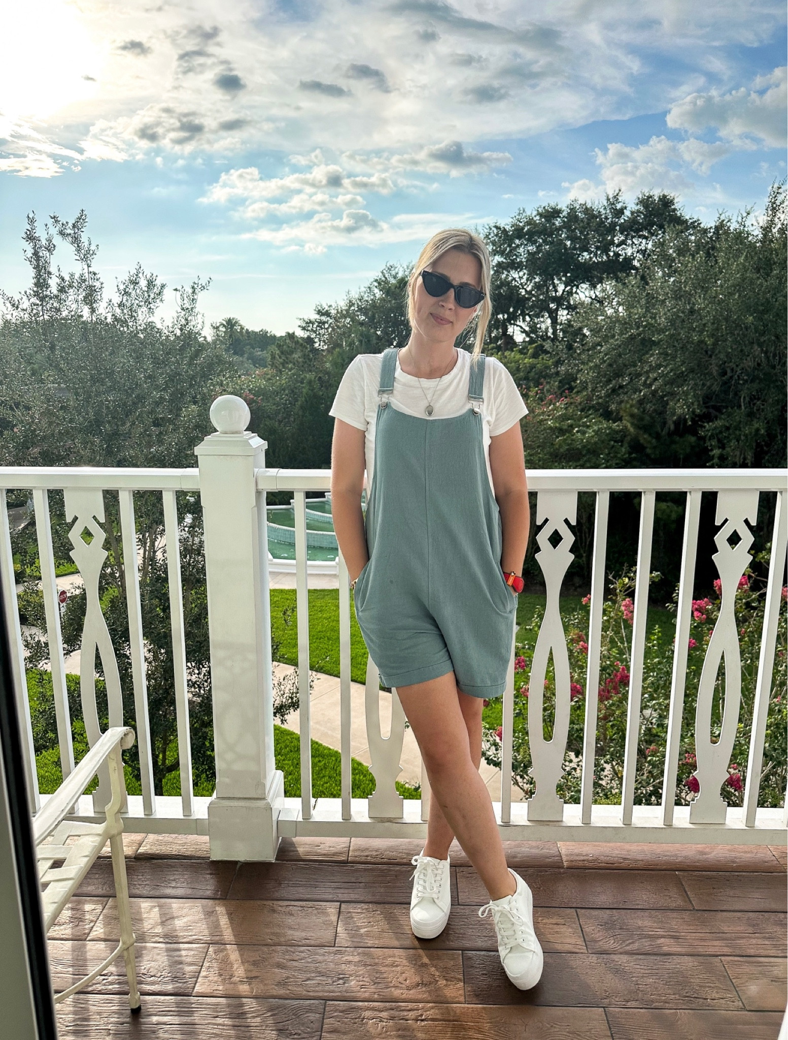 A comfy pair of overall shorts in the prettiest color green. This outfit is perfect if you are traveling to a warm vacation destination. I added a plain white t-shirt, white platform sneakers and a pair of black cat eye sunglasses to finish the look.

#LTKFindsUnder50 #LTKShoeCrush #LTKStyleTip