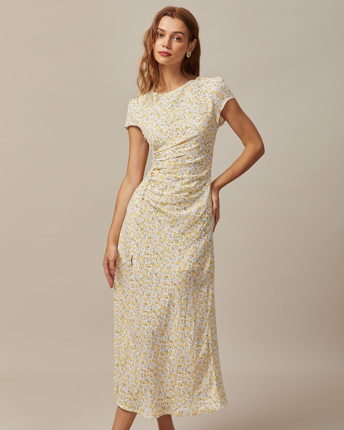 The Yellow Round Neck Floral Midi Dress & Reviews - Yellow - Dresses | RIHOAS | rihoas.com
