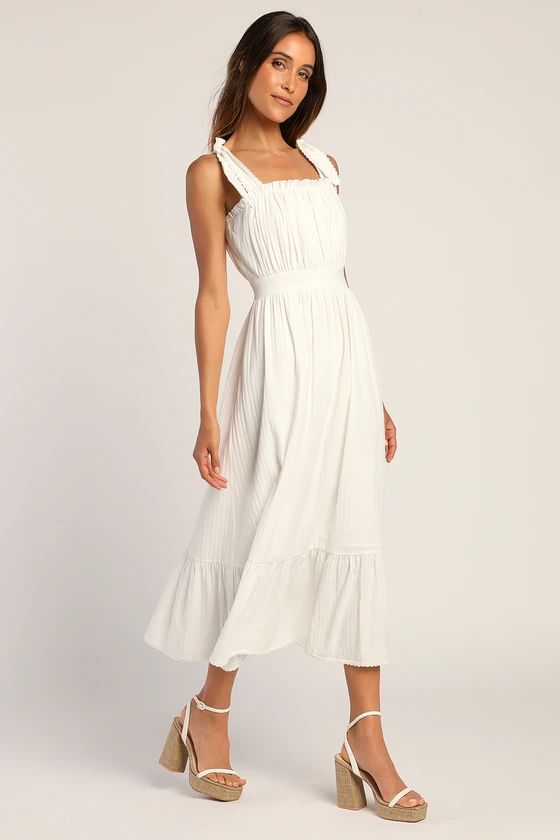 Flirting in Florence White Striped Tie-Strap Midi Dress | Lulus (US)
