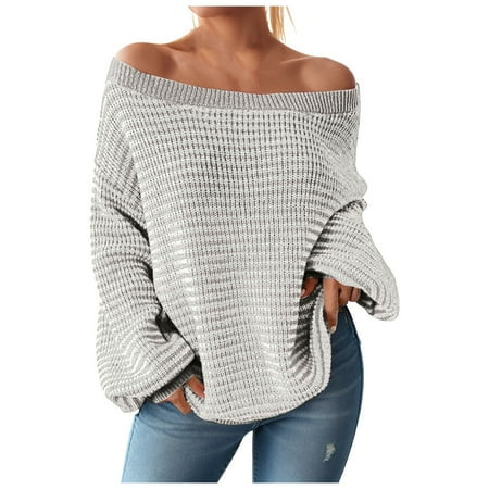 Hessimy Women S Autumn And Winter New One Necked Thin Style S Off Shoulder Sleeves Versatile Loose Striped Knit Sweater Gray L | Walmart (US)