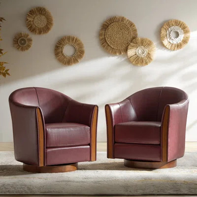 Pocono 29"W Transitional Genuine Leather Swivel Barrel Chair With Solid Wood Base(Set of 2) | Wayfair North America