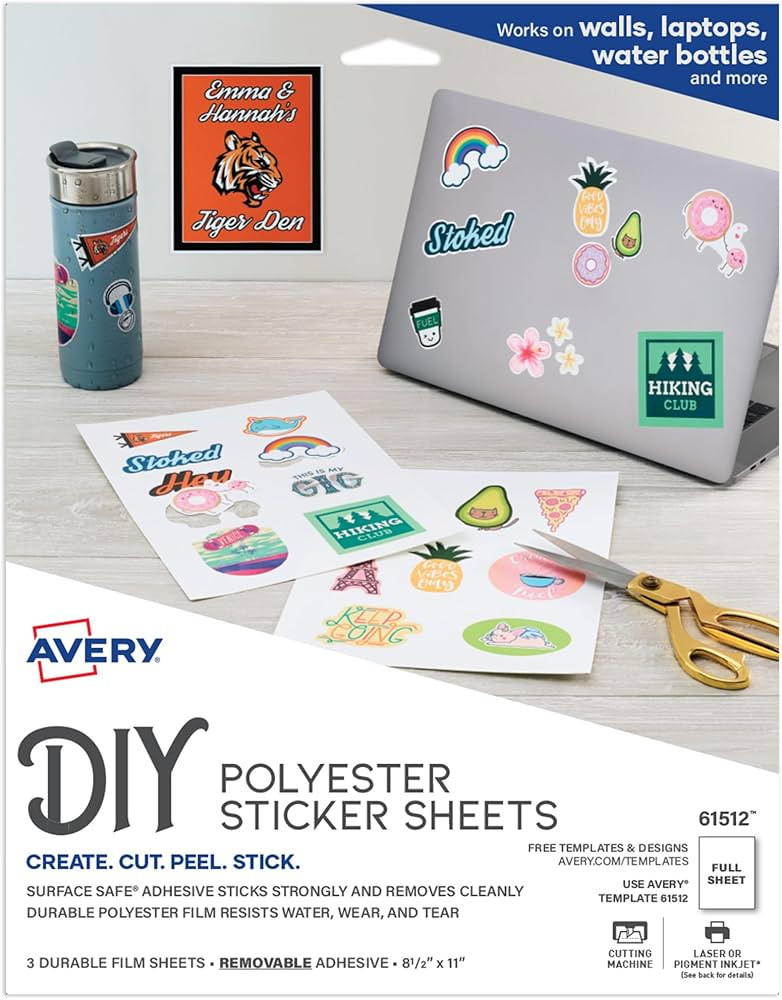 Avery Durable DIY Polyester Sticker Paper, 8.5" x 11", Removable Surface Safe Adhesive, Water-Res... | Amazon (US)