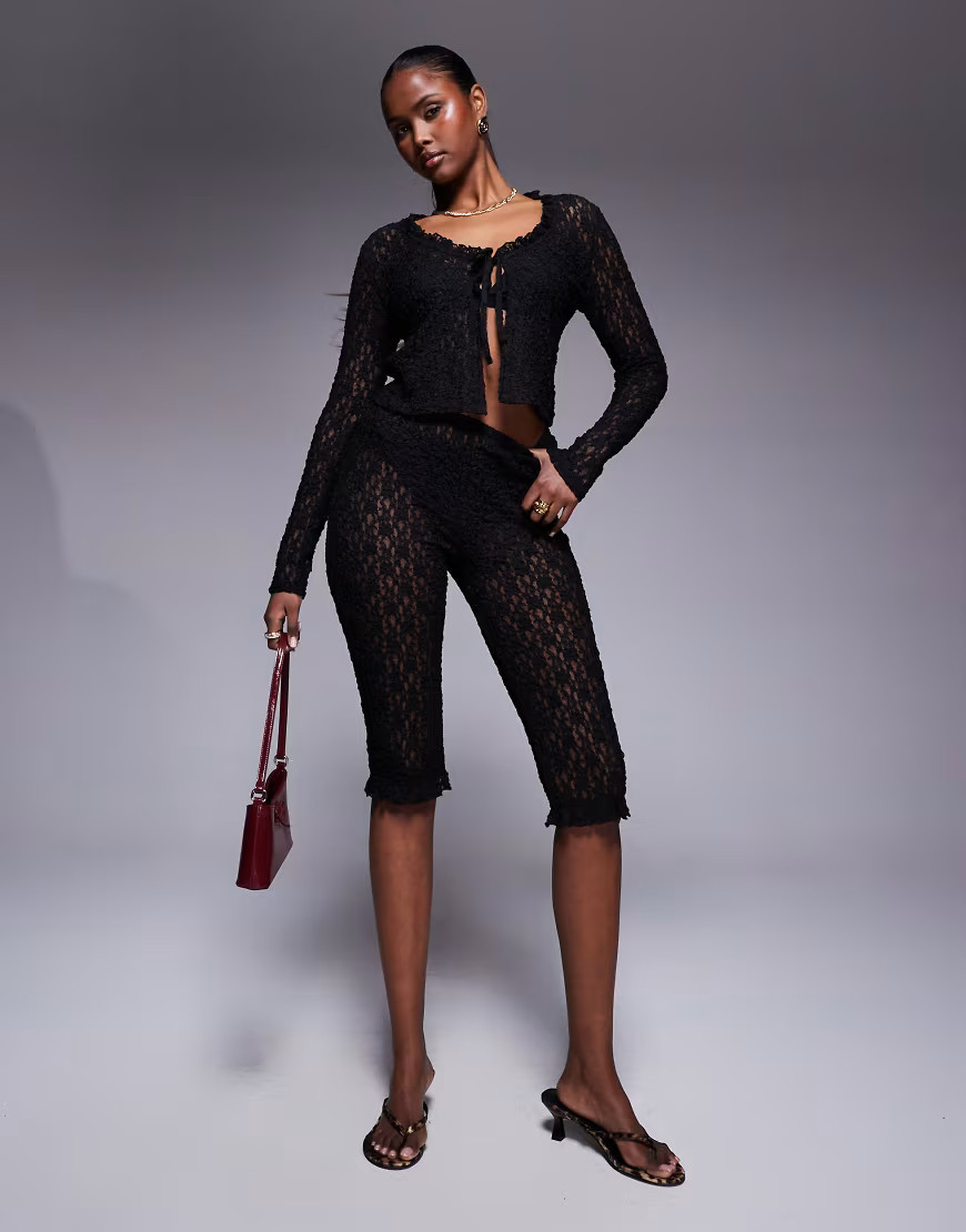 ASOS DESIGN lace capri pants with ruffle edge in black - part of a set | ASOS (Global)
