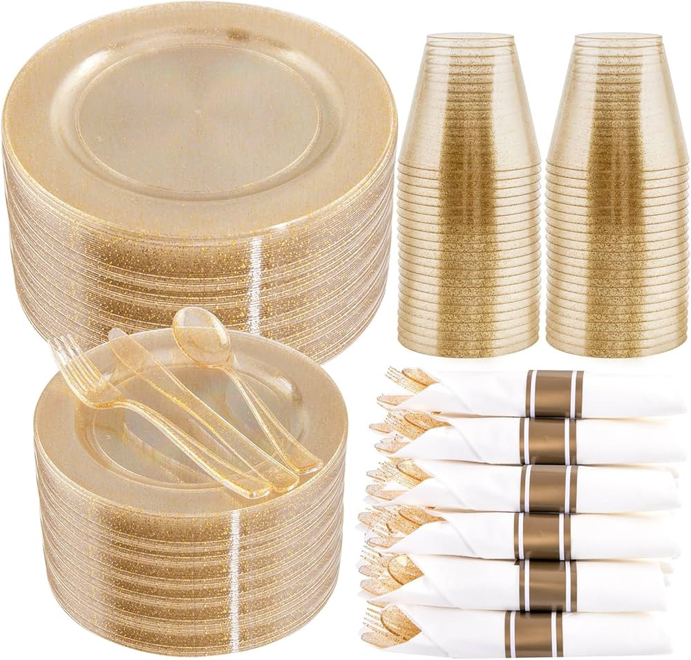 WELLIFE 210Pcs Gold Glitter Dinnerware Set, Gold Glitter Disposable Plates for 30 Guests, Include... | Amazon (US)