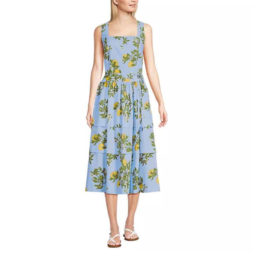 Women's Poplin Square Neck Midi Tie Waist Dress | Lands' End (US)