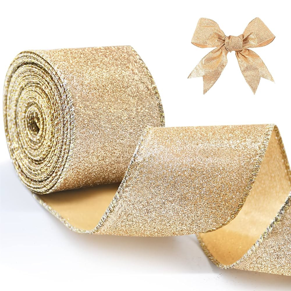2.5" X 10 Yards Christmas Ribbon for Gift Wrapping, Metallic Glitter Wired Ribbon for Christmas T... | Amazon (US)