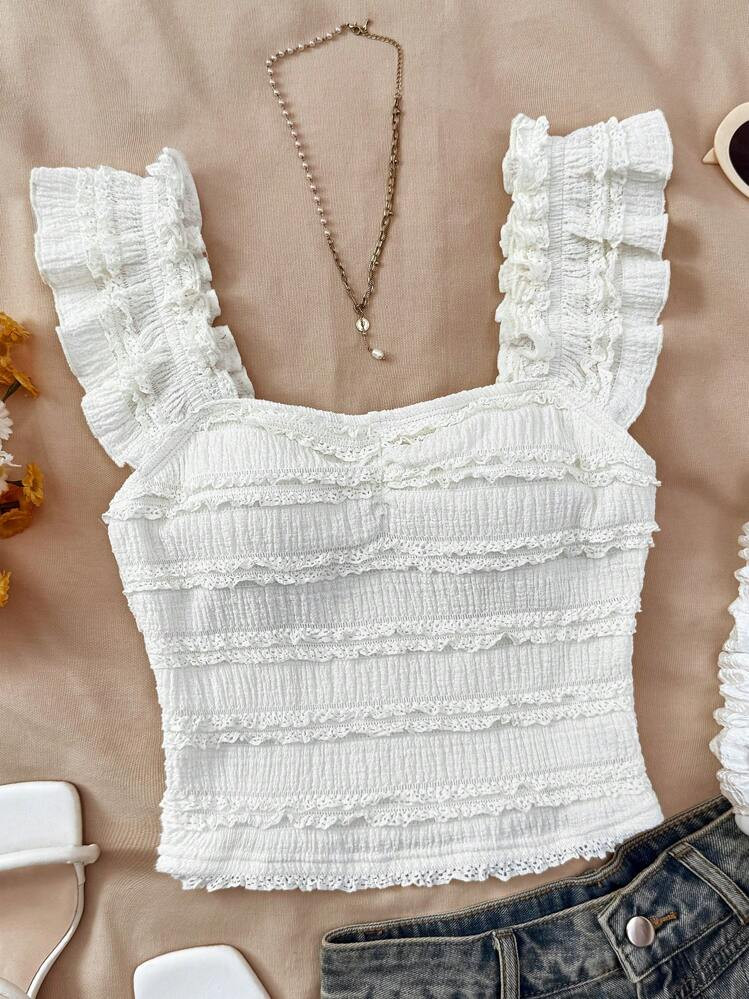 SHEIN Teen Girl White Lace Cap Sleeve Blouse, Textured Slim Fit Vacation Lace Blouse, Suitable For Afternoon Tea, Beach Holiday, Summer | SHEIN