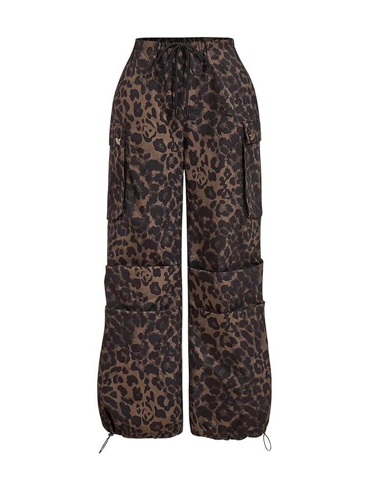 Floerns Women's Leopard Straight Leg Cargo Pants Cheetah Drawstring Ruched Trousers | Amazon (US)