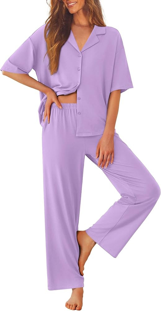 Ekouaer Women Pajamas Set Button Down Sleepwear Short Sleeve Pjs Soft Comfy Nightwear with Long P... | Amazon (US)