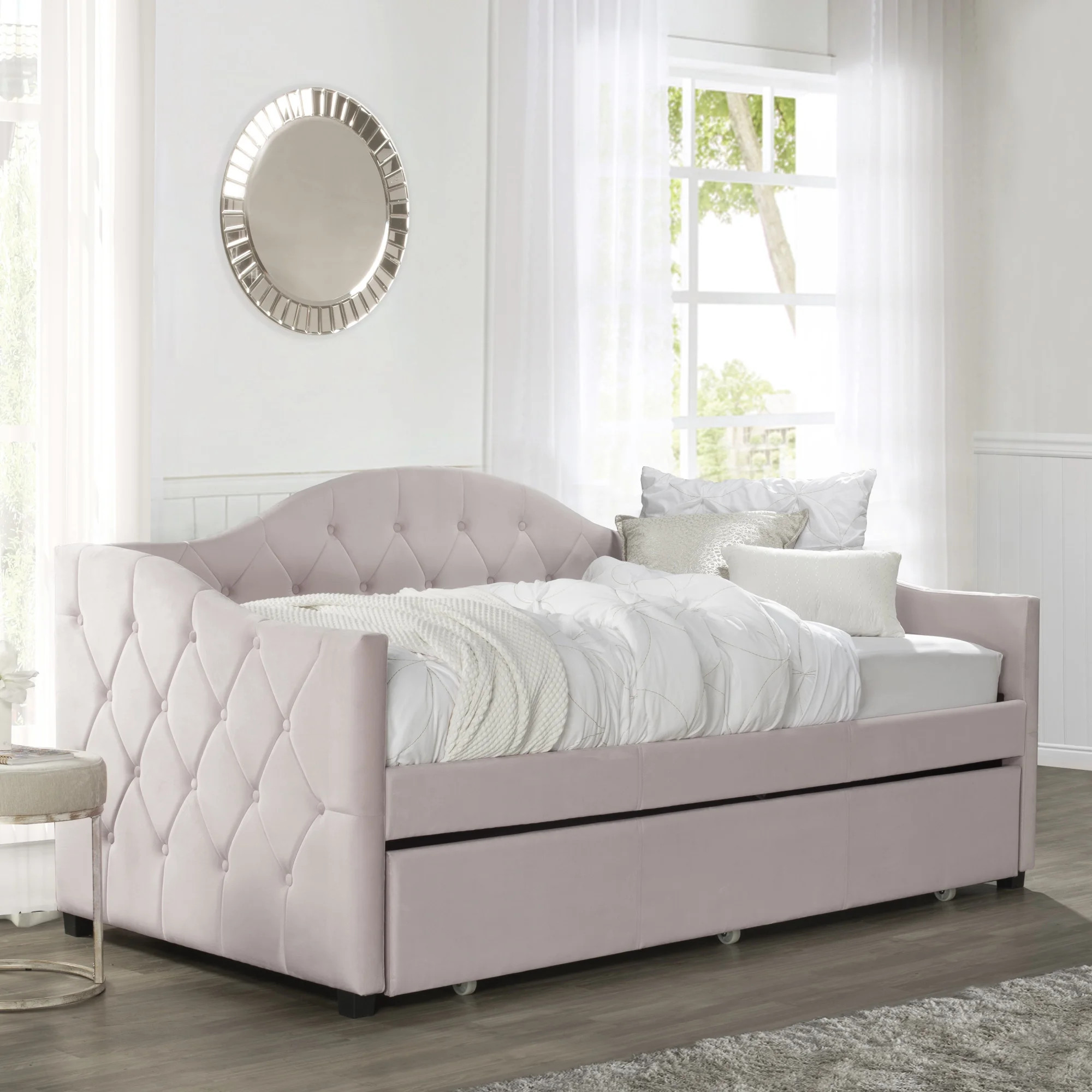 Ember Interiors Jamie Upholstered Twin Daybed with Trundle, Blush - Walmart.com | Walmart (US)