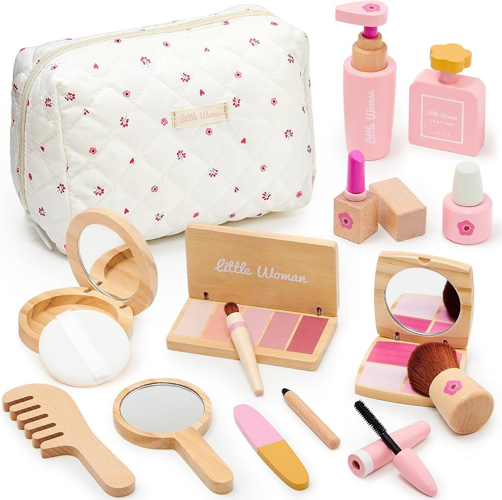 Wooden Makeup Toy Set for Girls Pretend Play Makeup Kit for Toddlers 3-5 with Eyeshadow/ Mascara/... | Amazon (US)