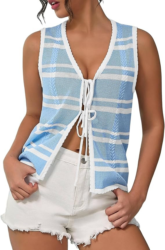 IEEILULU Women Sleeveless Knit Vest Striped V Neck Tie Front Sweater Vests Y2k Crochet Tank Tops ... | Amazon (US)