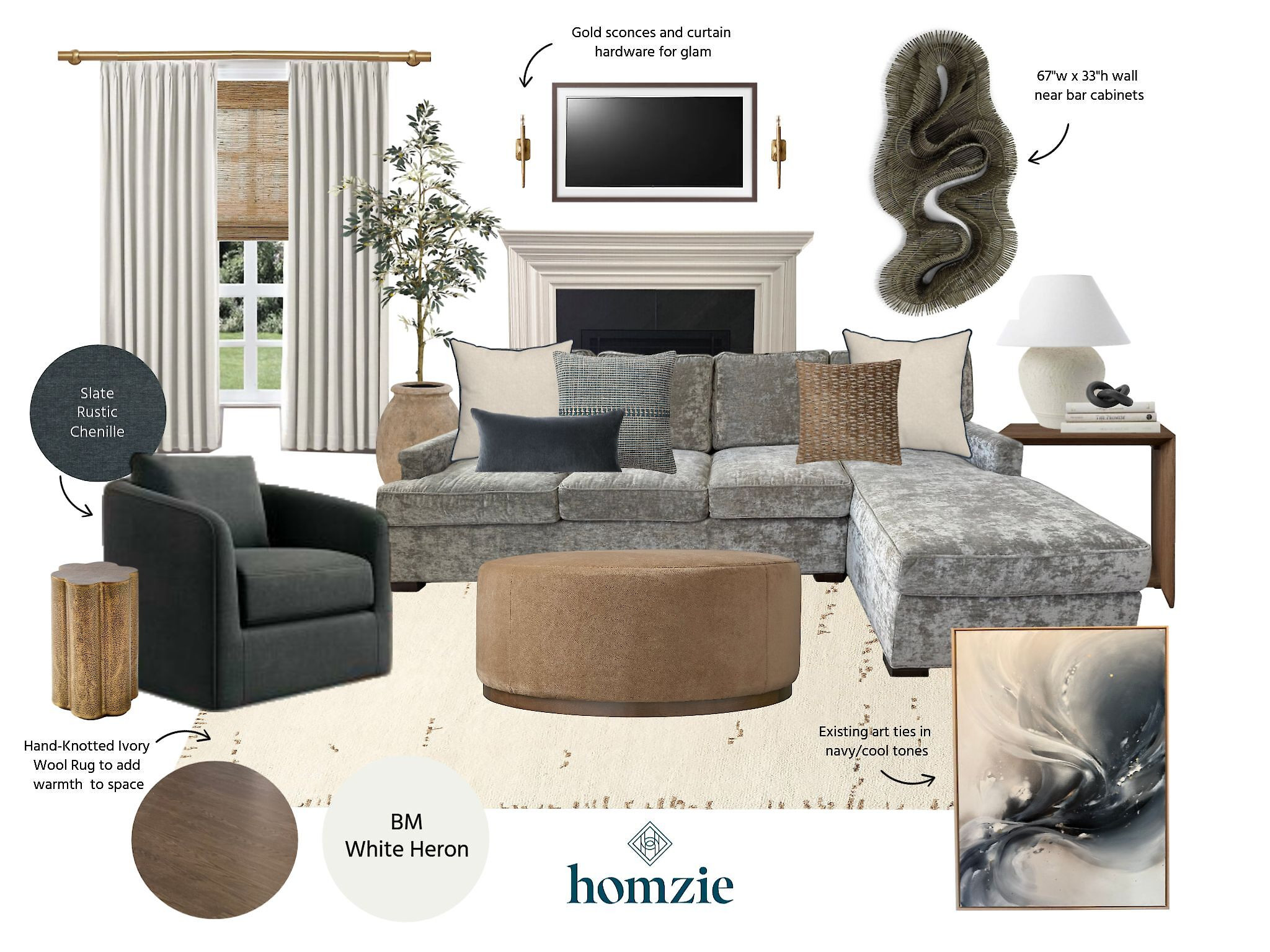 This is a living room blending elegance and coziness with a modern twist. It features:  Velvet Sectional, Gold Sconces, Wool Rug, Art Deco Lamp, Textured Curtains, Slate Chenille Chair. 

 #LTKHome #LTKSaleAlert #LTKStyleTip