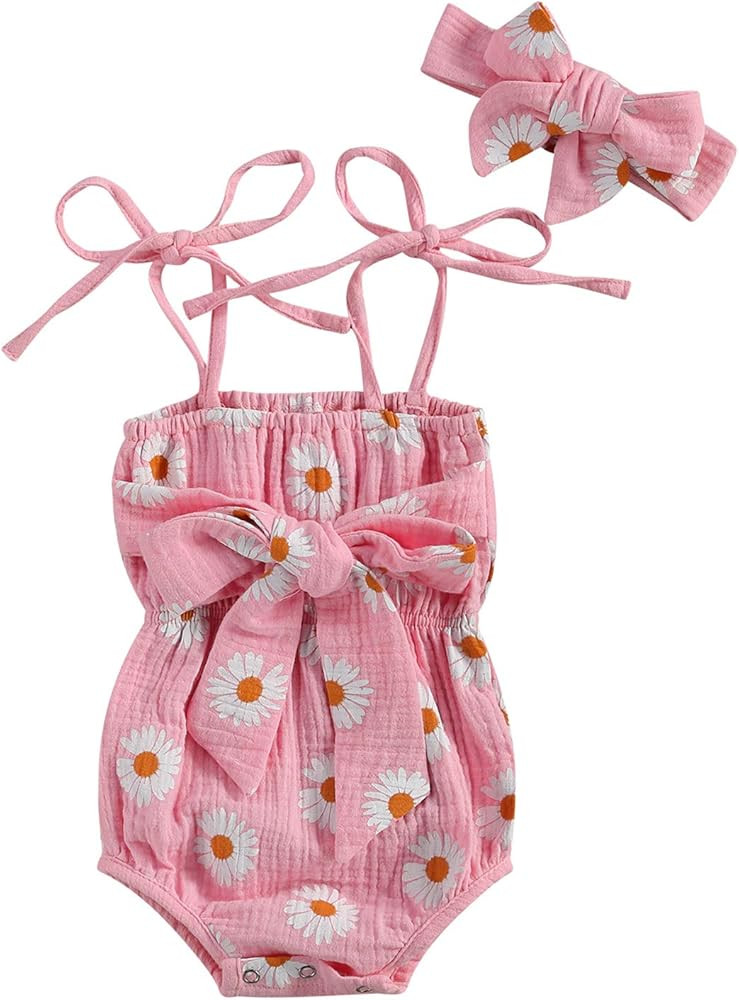 Baby Girls Strap Sleeveless Romper Off Shoulder Jumpsuit Floral Halter Bodysuit Tank Tops Summer Clo | Amazon (US)