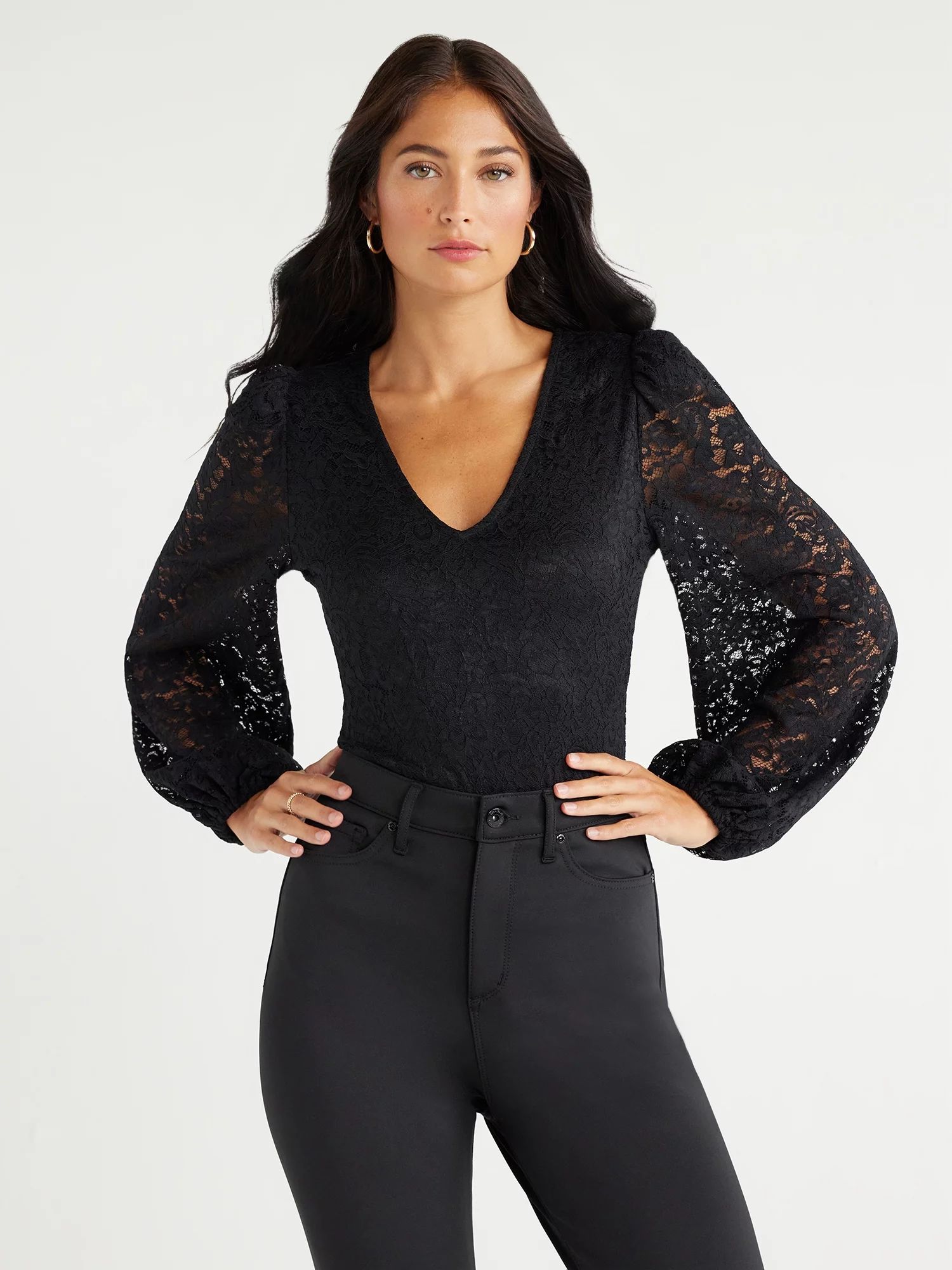 Sofia Jeans Women's Lace Bodysuit with Blouson Sleeves, Sizes XS-3XL | Walmart (US)